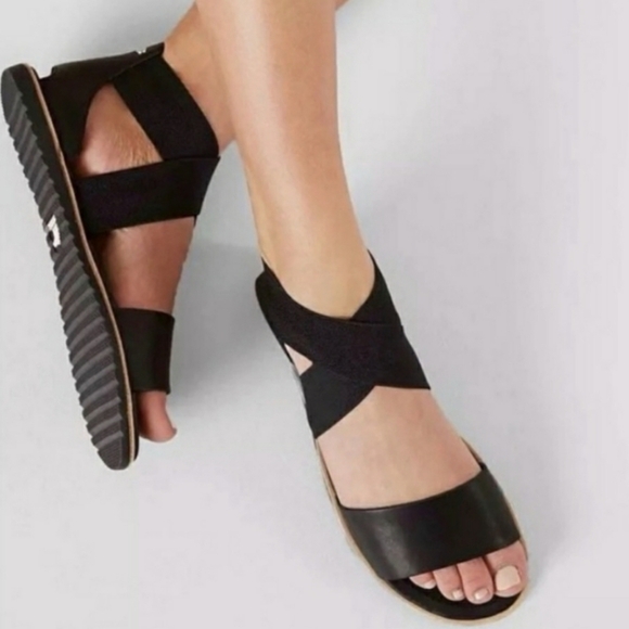 SOREL "Ella" Black Leather Flat Sandals - Picture 1 of 15